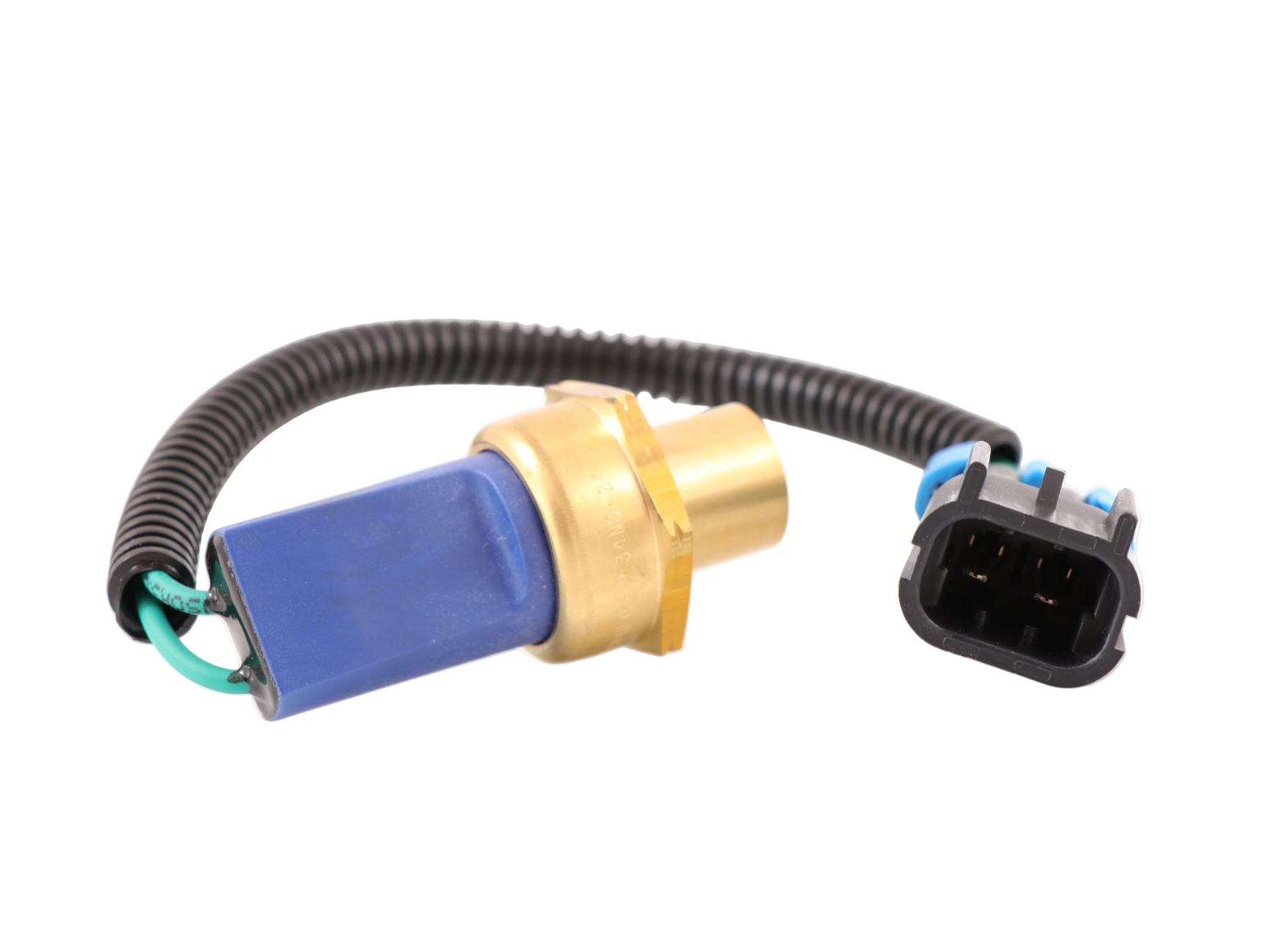 Advance Truck Parts USA 22-44638-000 low air pressure cutout switch for Mack and Volvo showing a clean studio view of the brass threaded body, blue housing, and Metripack connector pigtail on a plain white background