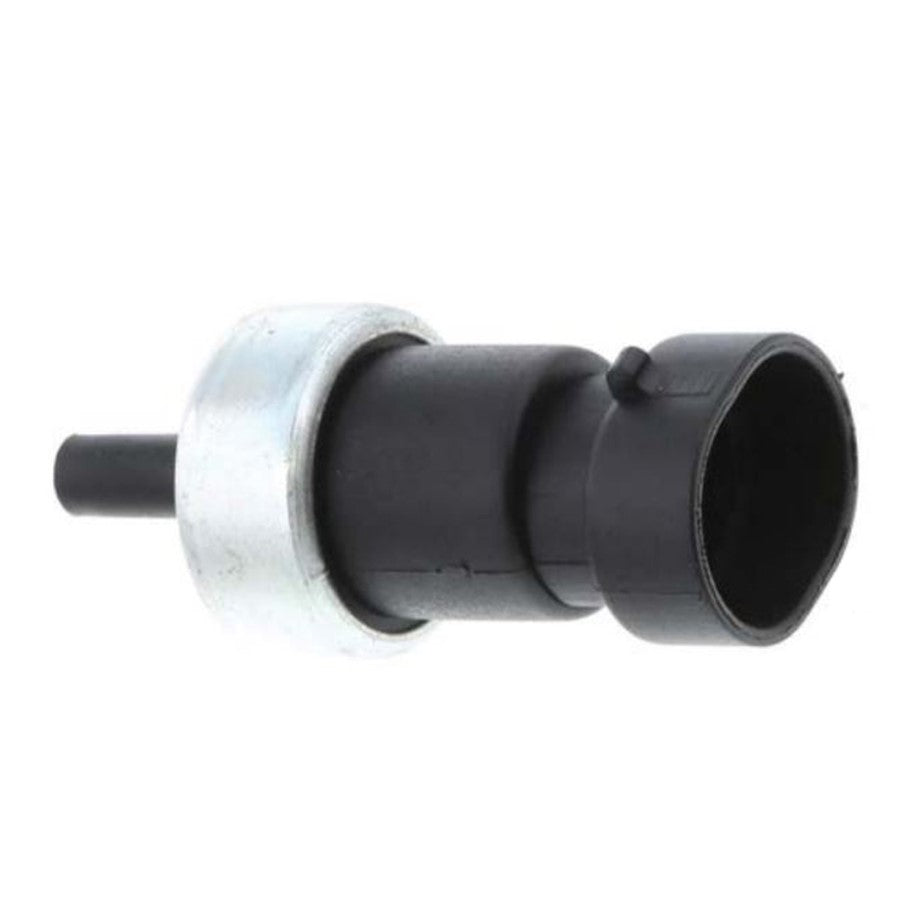 Advance Truck Parts USA 22082849 pressure switch featuring cylindrical black polymer body, metal crimp collar, protruding port nipple, and 2-pin connector recess