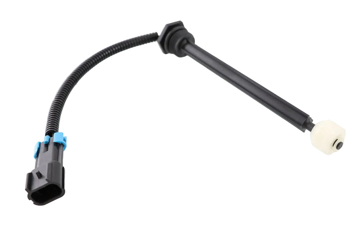 Advance Truck Parts USA 22312907 Mack coolant level sensor showing a clean studio view of the 10-inch probe shaft, float, corrugated wire loom, and electrical connector on a plain white background