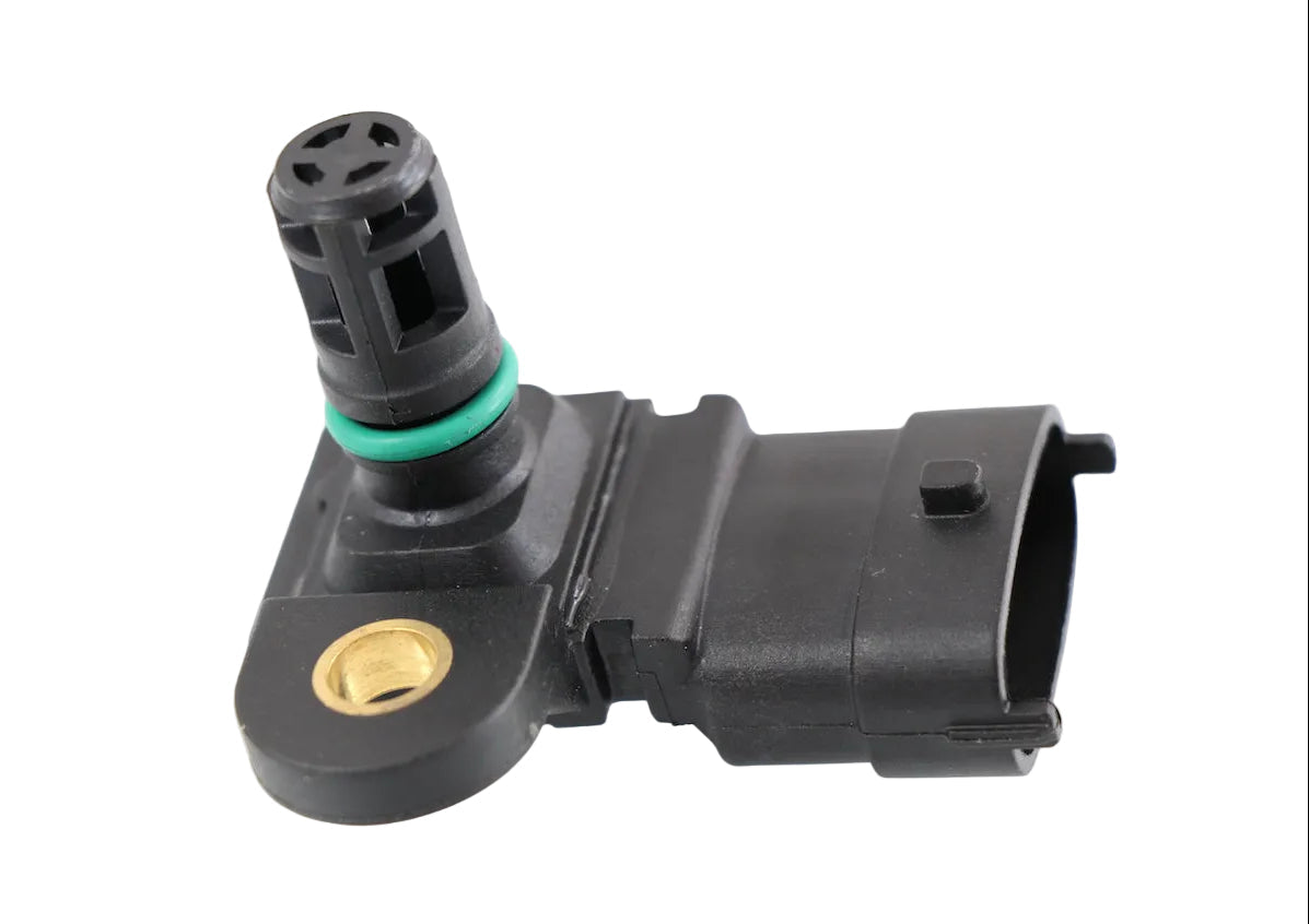 Advance Truck Parts USA 22329559 Mack boost pressure sensor showing a clean studio view of the green O-ring port, mounting hole, and connector body on a plain white background