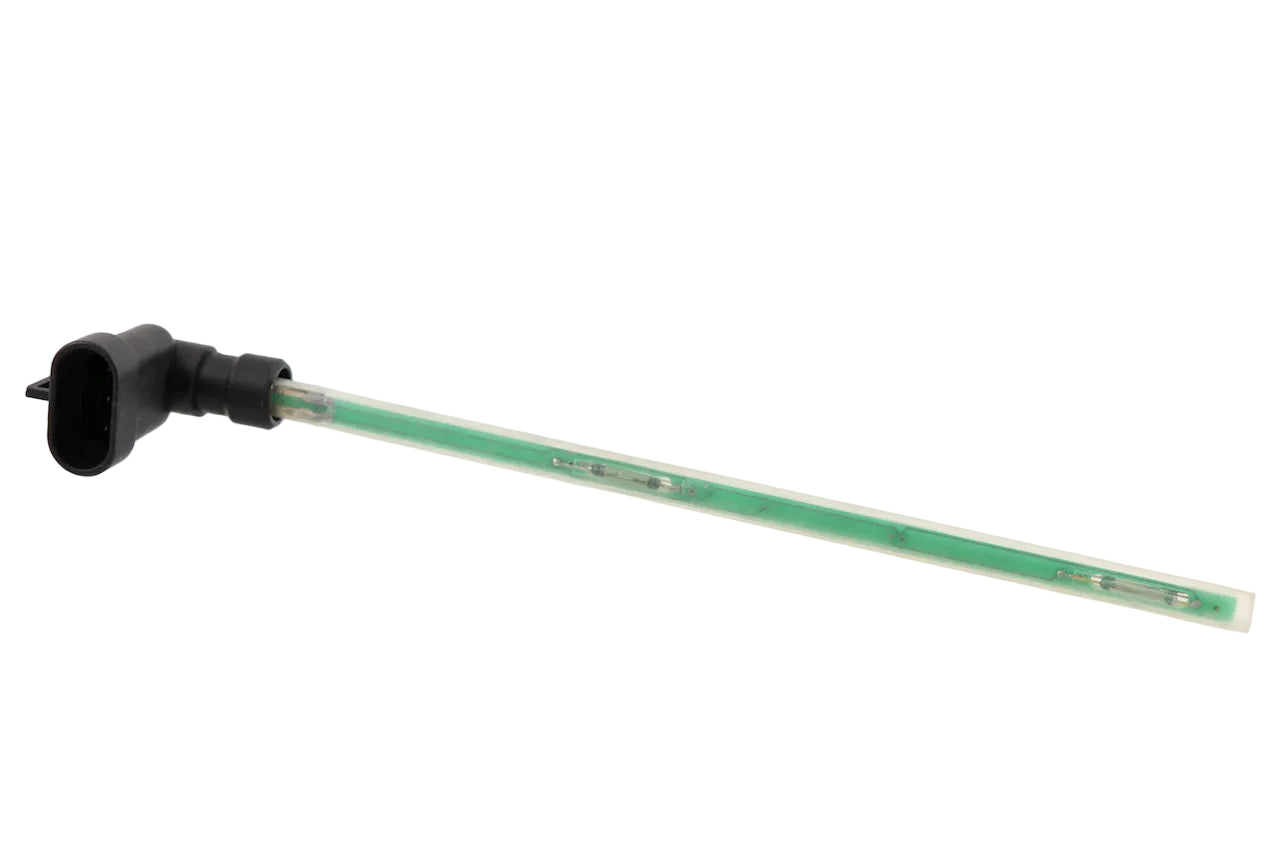 Advance Truck Parts 22564822 Mack and Volvo coolant level sensor showing a clean studio view of the 9.25-inch probe, green internal circuit board, and 3-pin oval connector on a plain white background