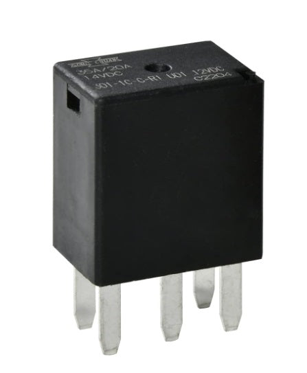 Advance Truck Parts USA 23-13265-001 Freightliner micro blower relay showcasing the black rectangular housing with printed top specifications and five silver metal terminal blades