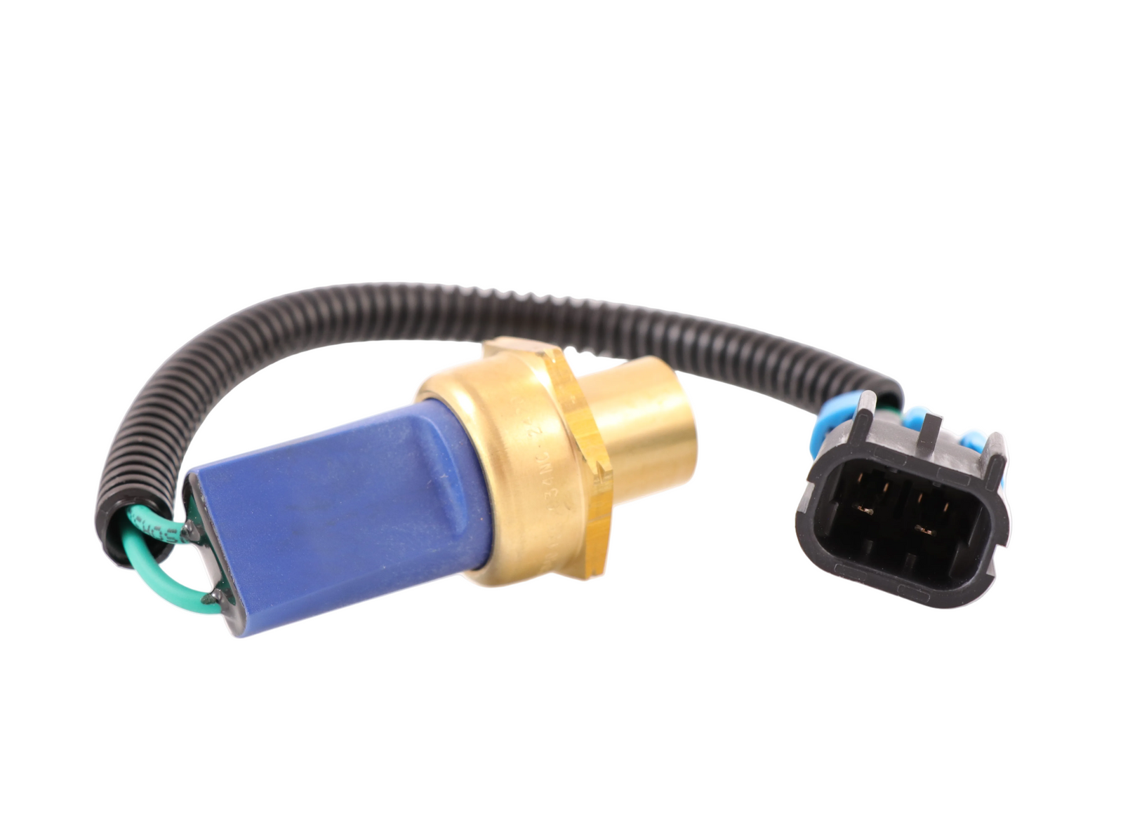Advance Truck Parts USA 232-8506 Caterpillar A/C low pressure switch showing a clean studio perspective of the brass threaded fitting, blue protective housing, wire loom, and connector