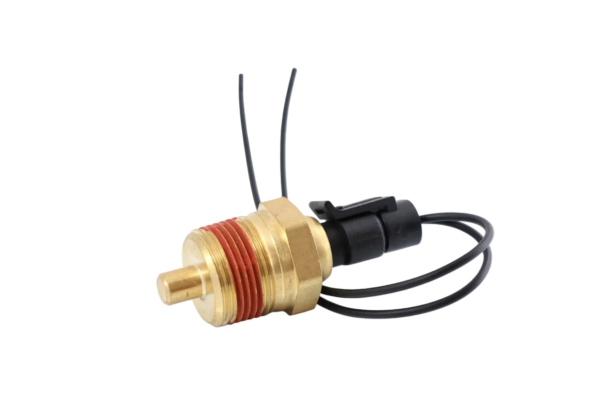 Advance Truck Parts USA 23515251 Detroit Diesel Series 60 coolant temperature sensor showing a clean studio view of the brass threaded body, sensor probe, and attached pigtail harness on a plain white background