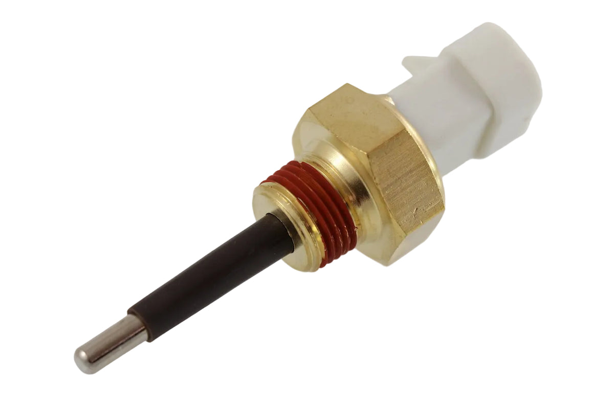 Advance Truck Parts USA 23520381 Detroit Diesel engine coolant level sensor showing a clean studio view of the brass threaded fitting, red lockpatch thread sealant, probe tip, and white connector 