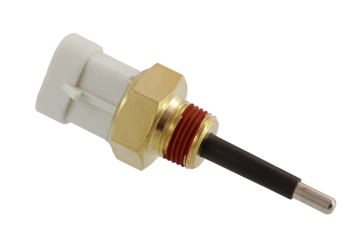 Advance Truck Parts USA 23526906 3.34-inch engine coolant level sensor featuring 3/8-inch NPT threaded brass housing with red lockpatch, extended sensing probe tip, and white connector