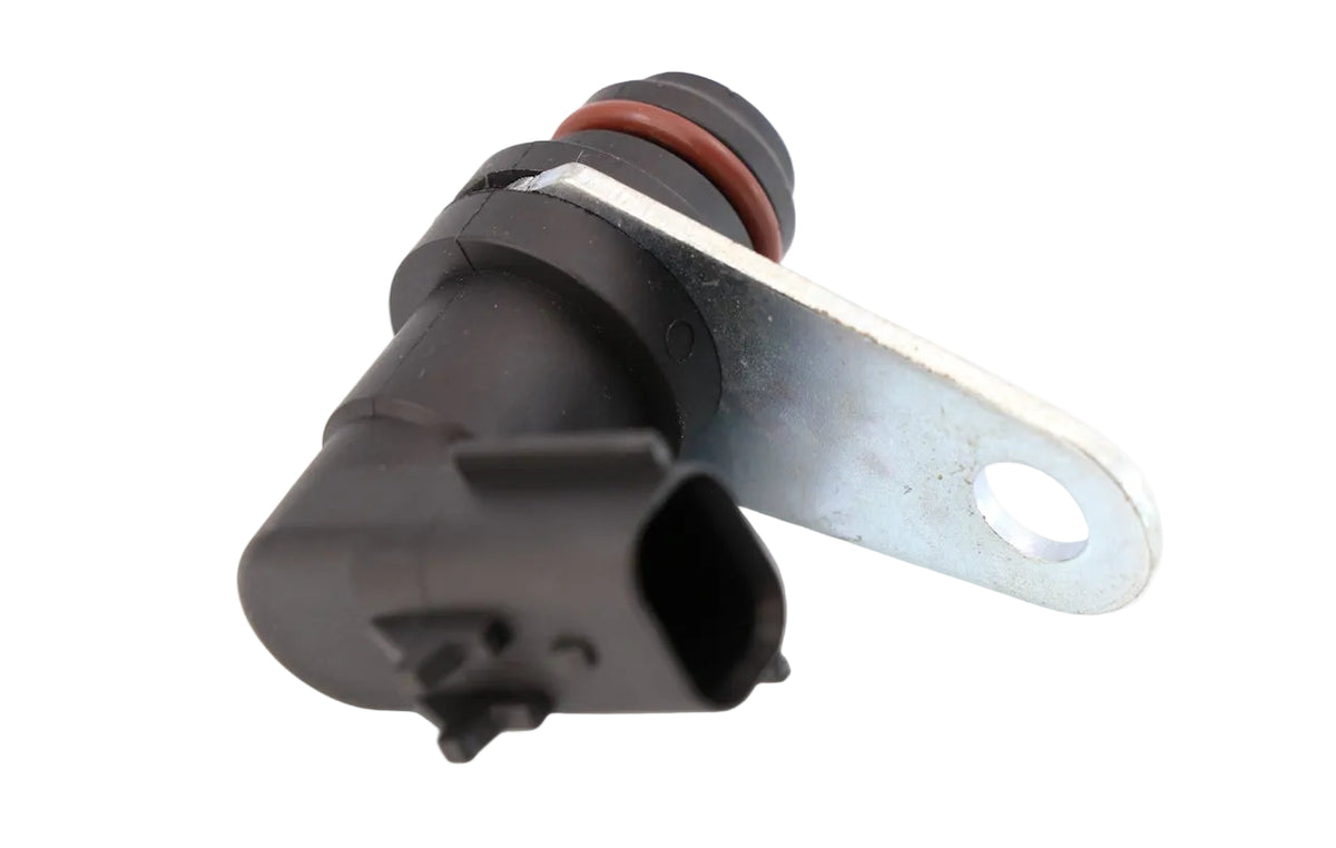 Advance Truck Parts USA 23527338 Detroit Diesel camshaft position sensor showing a clean studio view of the black sensor housing, O-ring seal, and metal mounting bracket 