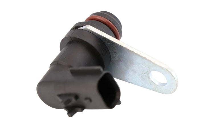 Advance Truck Parts USA 23527338 Detroit Diesel camshaft position sensor showing a clean studio view of the black sensor housing, O-ring seal, and metal mounting bracket 