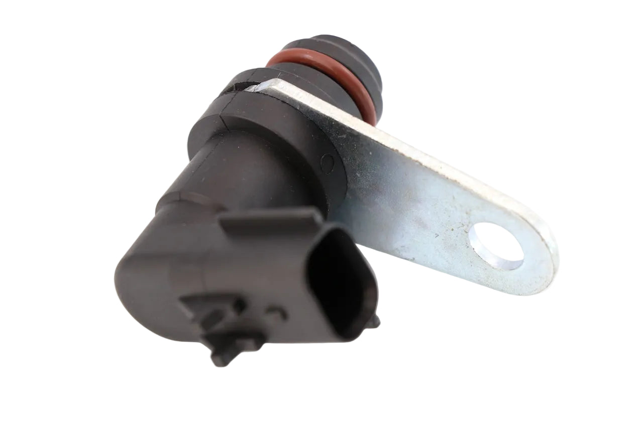 Advance Truck Parts USA 23527338 Detroit Series 60 camshaft position sensor showing a clean studio view of the black sensor housing, O-ring seal, and mounting bracket on a plain white background