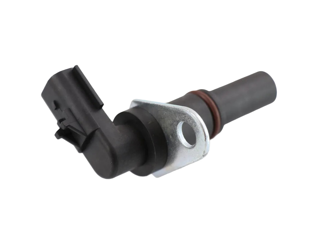 Advance Truck Parts USA 23527339 Detroit Diesel crankshaft position sensor showing a clean studio view of the threaded black housing, metal mounting bracket, and O-ring seal on a plain white background