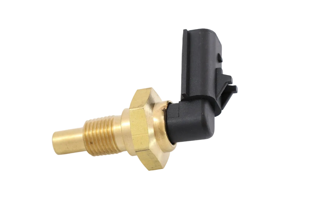Advance Truck Parts USA DDE 23527830 Detroit Diesel temperature sensor featuring 1/4-18 NPT brass threaded body, immersion tip, and 90-degree electrical connector housing