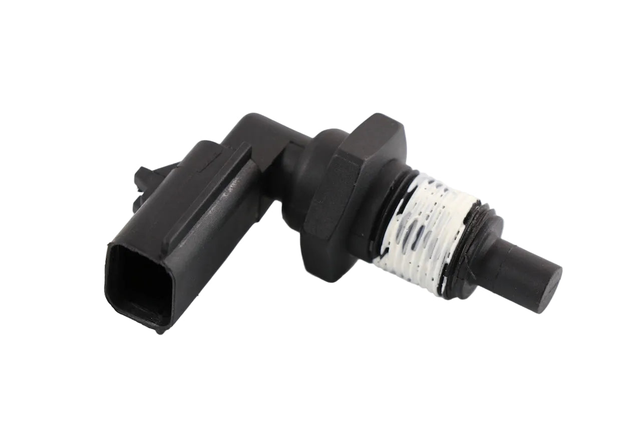 Advance Truck Parts 23527831 Detroit Diesel temperature sensor showing a clean studio view of the threaded fitting with white sealant, probe tip, and electrical connector on a plain white background