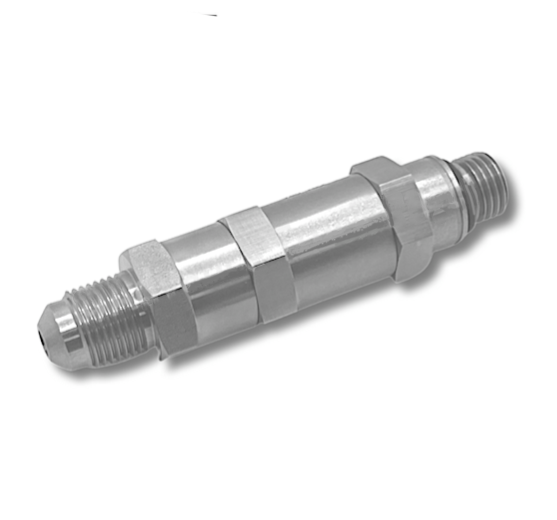 Advance Truck Parts USA DDE 23535129 metal fuel check valve featuring inline cylindrical body, dual hex tightening flats, and M14x1.5 by 5/8-18 threaded ends