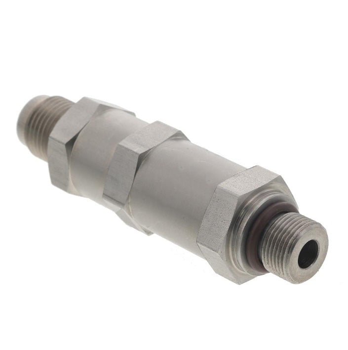 Advance Truck Parts USA 23537213 Detroit Diesel fuel check valve showing a clean studio view of the metallic cylindrical body, threaded male pipe ends, hex nuts, and o-ring 