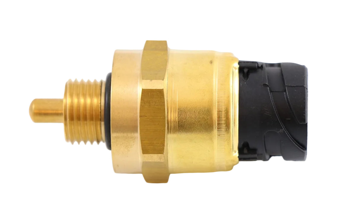 Advance Truck Parts USA 23713681 Volvo D12 oil pressure and temperature sensor showing a clean studio view of the threaded brass fitting, O-ring, and black connector housing on a plain white background