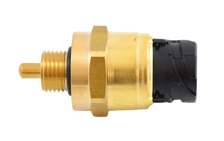 Advance Truck Parts USA 23713681 Volvo D12 oil pressure and temperature sensor showing a clean studio view of the threaded brass fitting, O-ring, and black connector housing 