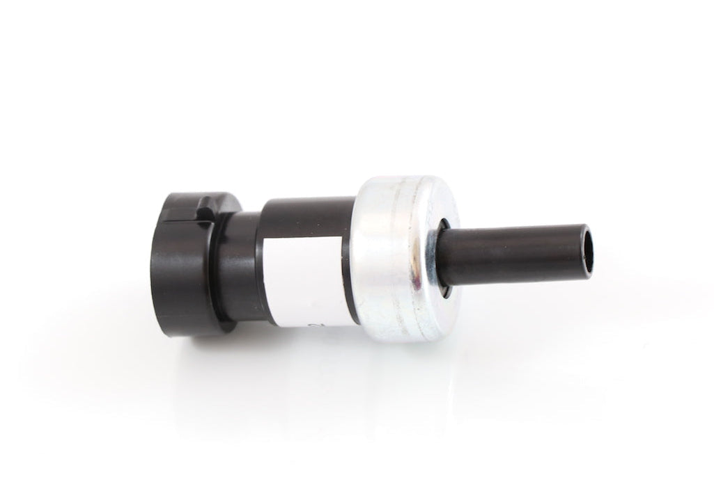 Advance Truck Parts USA 2505850C1 Navistar International pressure switch showing a close-up studio perspective of the black connector housing, metal collar, and stem fitting
