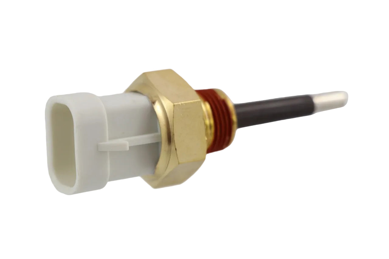 Advance Truck Parts USA 25079320 Volvo engine coolant level sensor showing a clean studio view of the brass threaded fitting, red lockpatch thread sealant, probe tip, and white connector on a plain white background