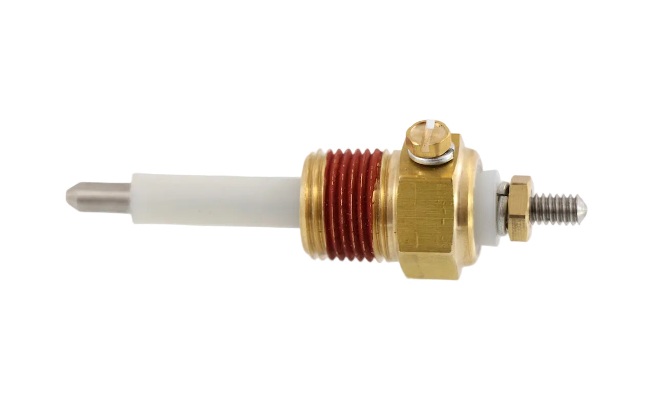Advance Truck Parts USA 25154438 Volvo radiator water level probe showing a clean studio perspective of the brass fitting, red thread sealant, and white probe tip