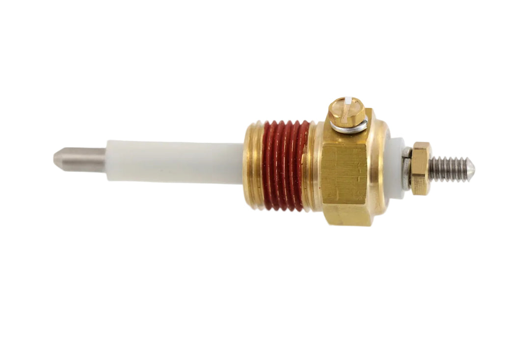 Advance Truck Parts USA 25154438 Mack radiator water level probe showing a clean studio view of the brass threaded fitting, red sealant, and ceramic probe tip on a plain white background