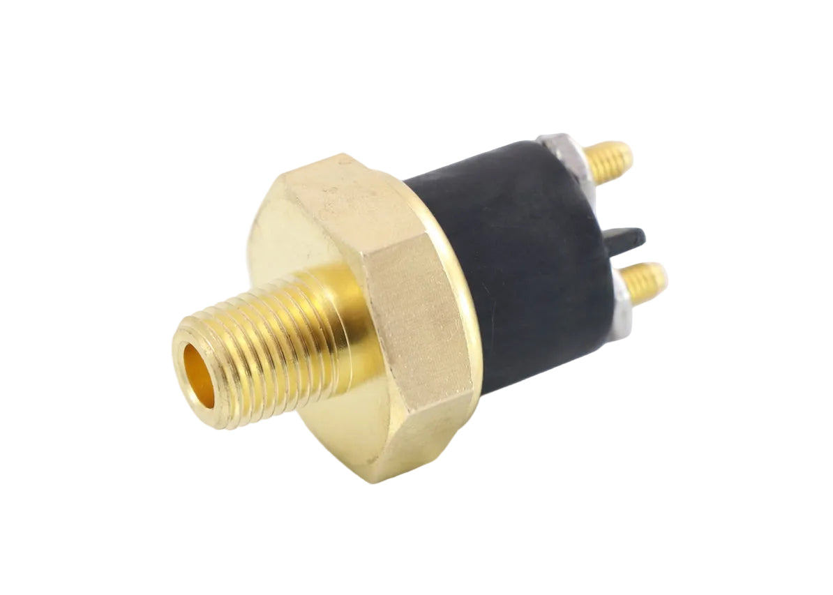 Advance Truck Parts USA 25158791 low pressure switch for Mack and Volvo trucks showing a clean studio view of the brass 1/4 in - 18 NPT threaded fitting, hex body, and stud connectors on a plain white background