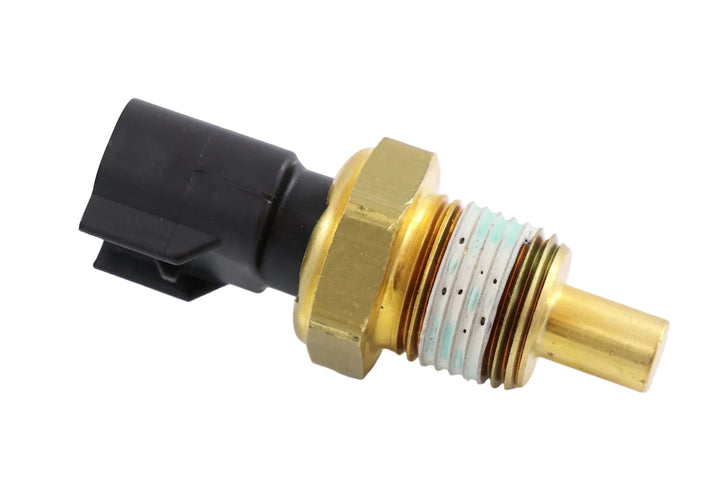 Advance Truck Parts USA 25173266 Mack and Volvo temperature sensor showing a clean studio view of the brass threaded body, thread sealant, probe tip, and black connector on a plain white background