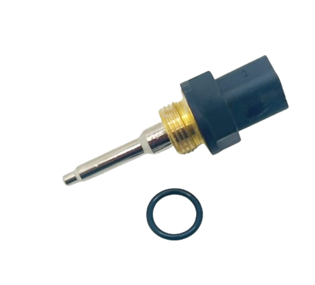 Advance Truck Parts USA 256-6454 Caterpillar temperature sensor showing a clean studio view of the threaded brass fitting, metal probe tip, connector housing, and separate O-ring on a plain white background
