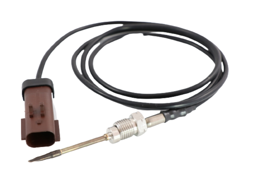 Advance Truck Parts USA 2593753C92 Navistar exhaust gas temperature sensor showing a clean studio view of the probe tip, threaded fitting, wire harness, and brown connector