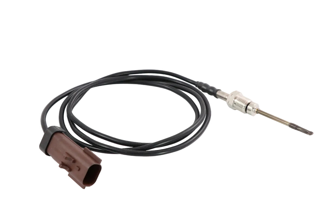 Advance Truck Parts USA 2593756C91 exhaust gas temperature sensor for Navistar showing a clean studio view of the brown 2-pin connector, wire harness, and threaded probe tip on a plain white background