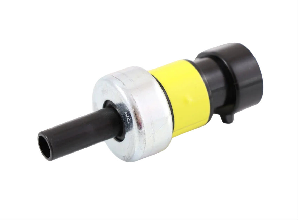 Advance Truck Parts USA 2596792C91 Navistar International pressure switch showing a close-up studio perspective of the yellow band, metal housing, and port tip