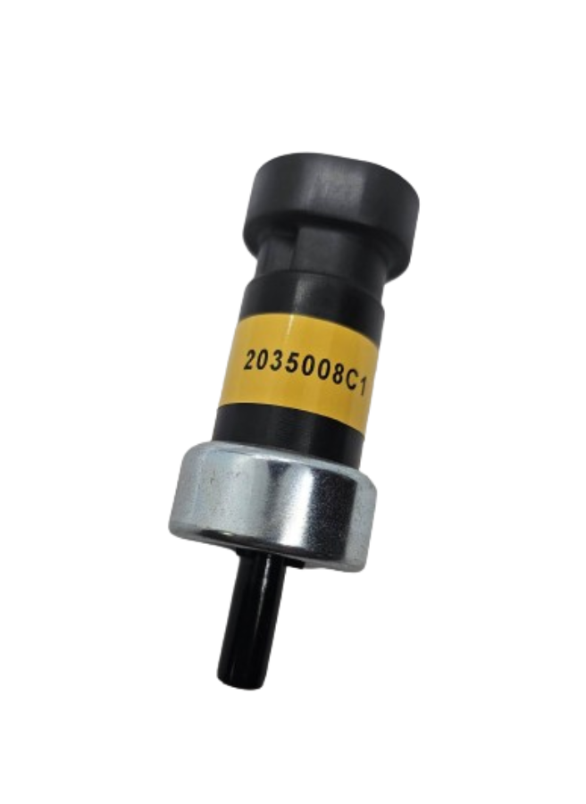 Advance Truck Parts USA 2603308C1 Navistar International pressure switch showing a clean studio view of the cylindrical housing, metallic base, and yellow label 