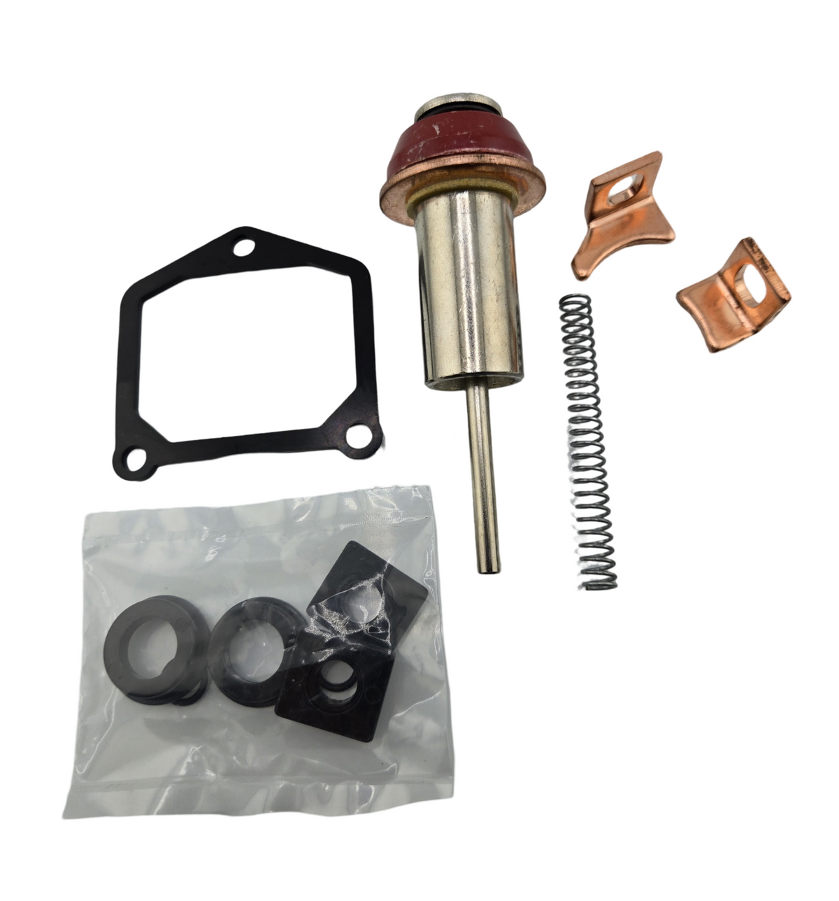 Advance Truck Parts USA 1.4kW Denso starter repair kit components including plunger, copper contacts, spring, gaskets, and seals