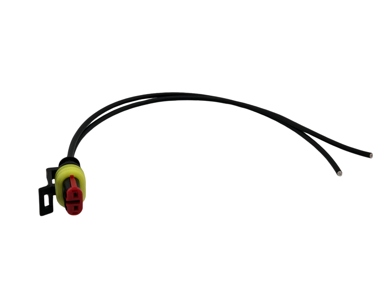 Advance Truck Parts USA 282080-1 2-pin pigtail connector for relays showing a clean studio view of the black housing, yellow seal, red insert lock, and wire leads on a plain white background