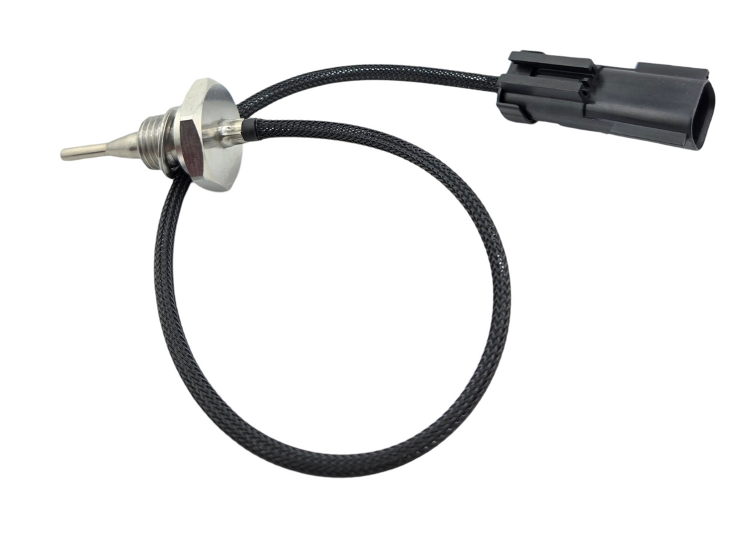 Advance Truck Parts USA 2872140 Cummins engine EGR temperature sensor showcasing the metal sensing probe, threaded hex mounting base, braided black cable, and black 2-pin connector