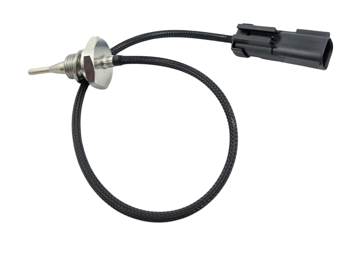 Advance Truck Parts USA 2872140 Cummins engine EGR temperature sensor showcasing the metal sensing probe, threaded hex mounting base, braided black cable, and black 2-pin connector
