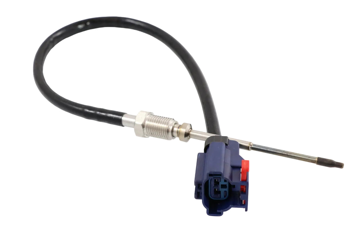 Advance Truck Parts USA 2872468 exhaust gas temperature sensor featuring threaded metal probe, shielded wire lead, and blue 2-pin electrical connector