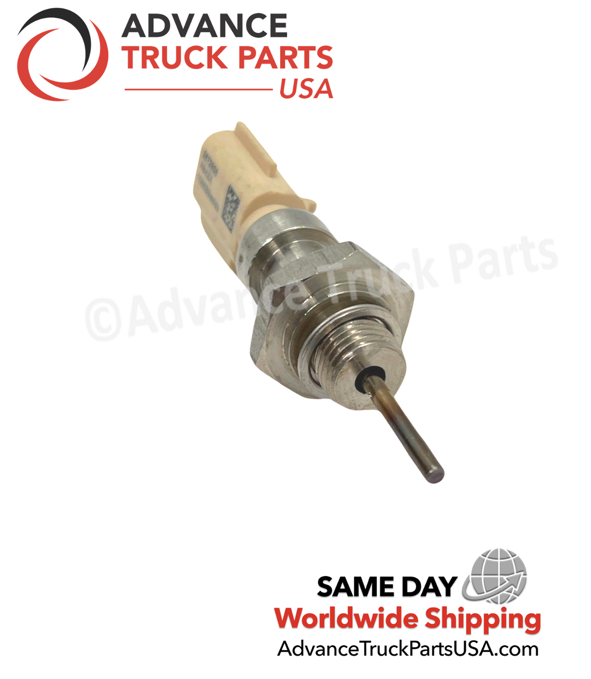 Advance Truck Parts USA 2872858 genuine Cummins EGR temperature sensor showing a close-up studio perspective of the threaded metal fitting, probe tip, and beige connector
