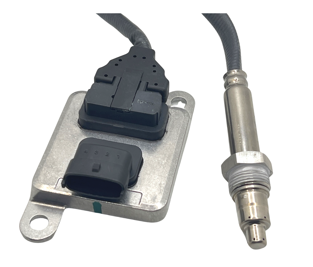 Advance Truck Parts USA 2894939 Cummins nitrogen oxide sensor showing a close-up studio perspective of the electronic control module with a 4-terminal linear connector and threaded exhaust probe