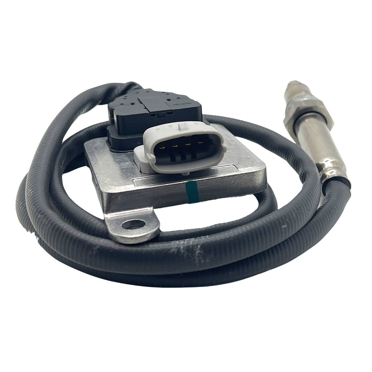 Advance Truck Parts USA 2894941RX Cummins NOx sensor showing a clean studio perspective of the control module, coiled harness, and sensor probe