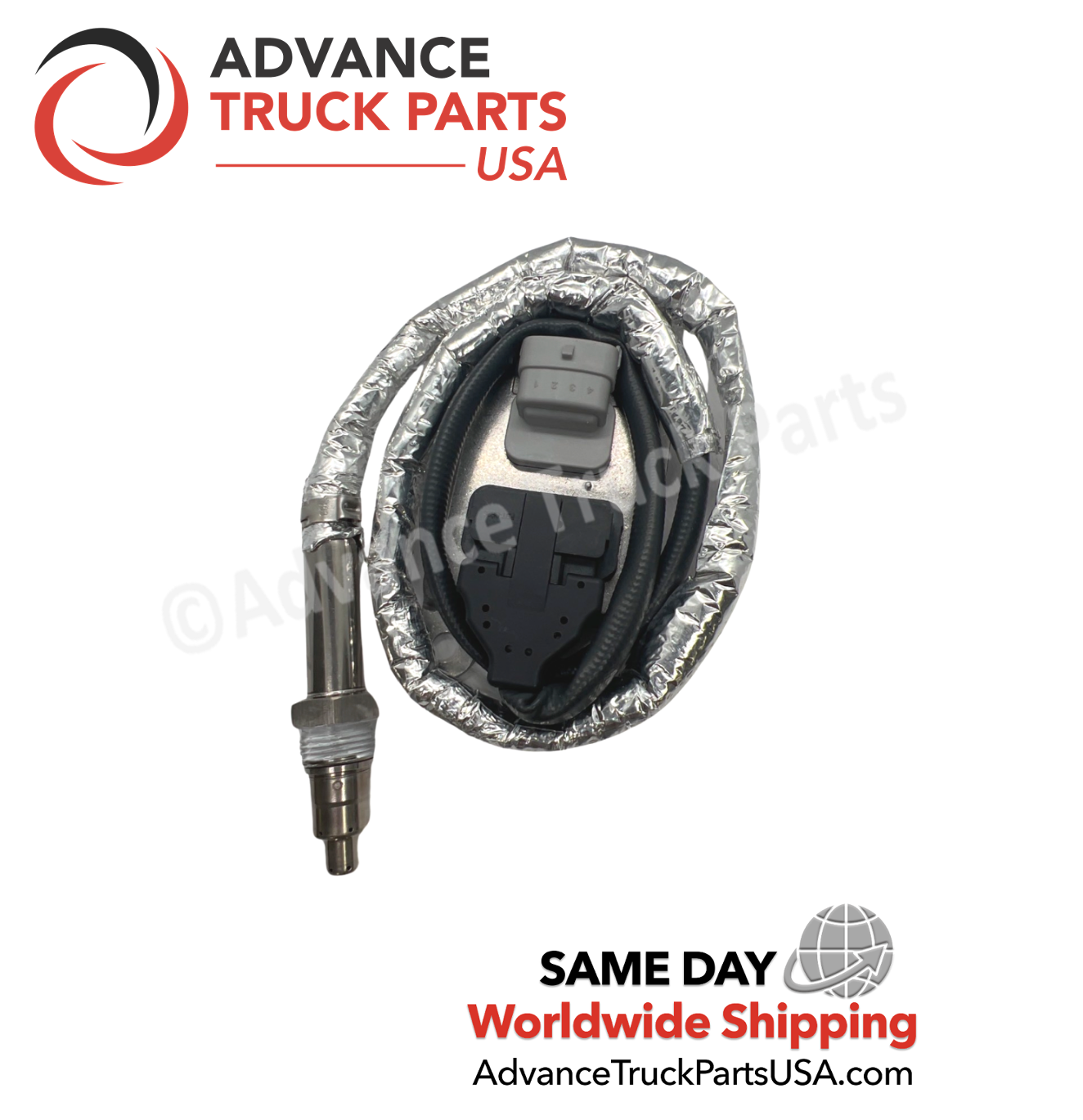 Advance Truck Parts USA 2894946 Cummins NOx sensor showing a clean studio perspective of the thermal-wrapped harness, sensor probe, and control module