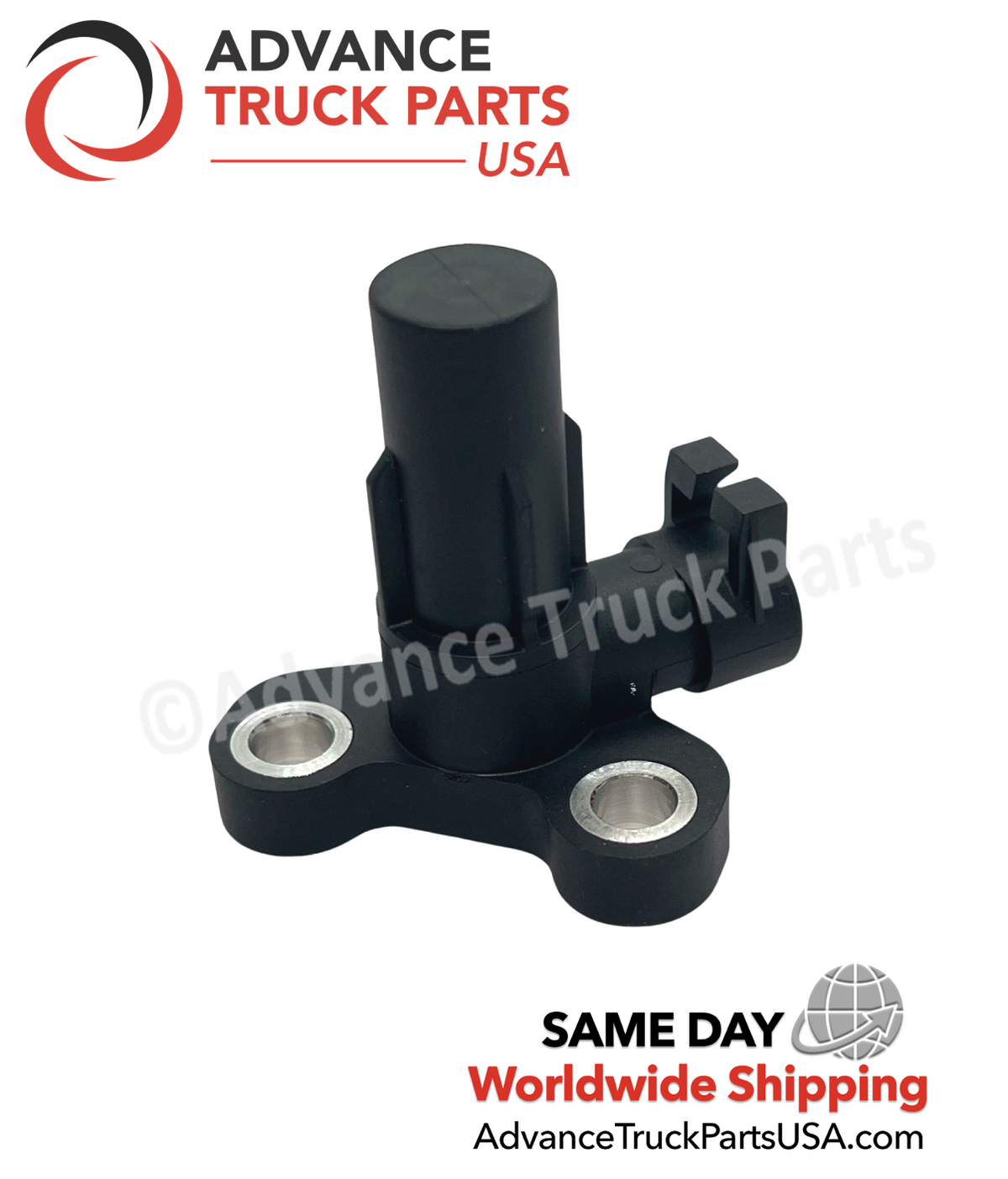 29543433 Advance Truck Parts USA speed sensor for Allison transmission showing a clean studio view of the black plastic housing, mounting flange with metal inserts, and sensor probe 