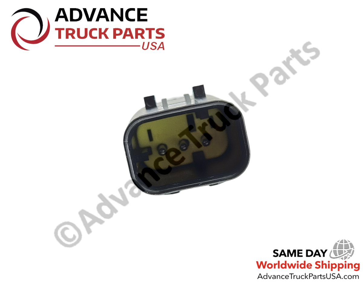 Advance Truck Parts USA 3-pin HD pigtail connector displaying a close-up front perspective of the internal terminal pins and housing face