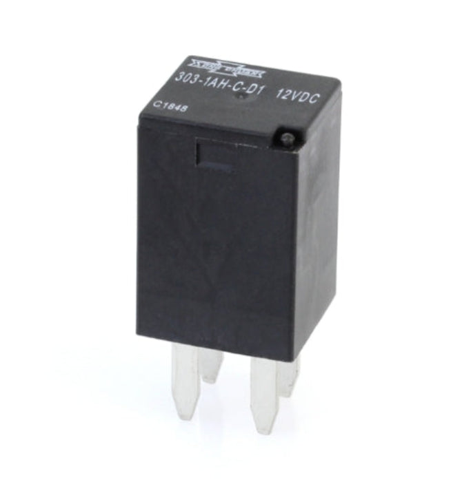 Song Chuan 303-1AH-C-D1-12VDC micro relay with diode showing a clean studio view of the black housing and terminal pins on a plain white background