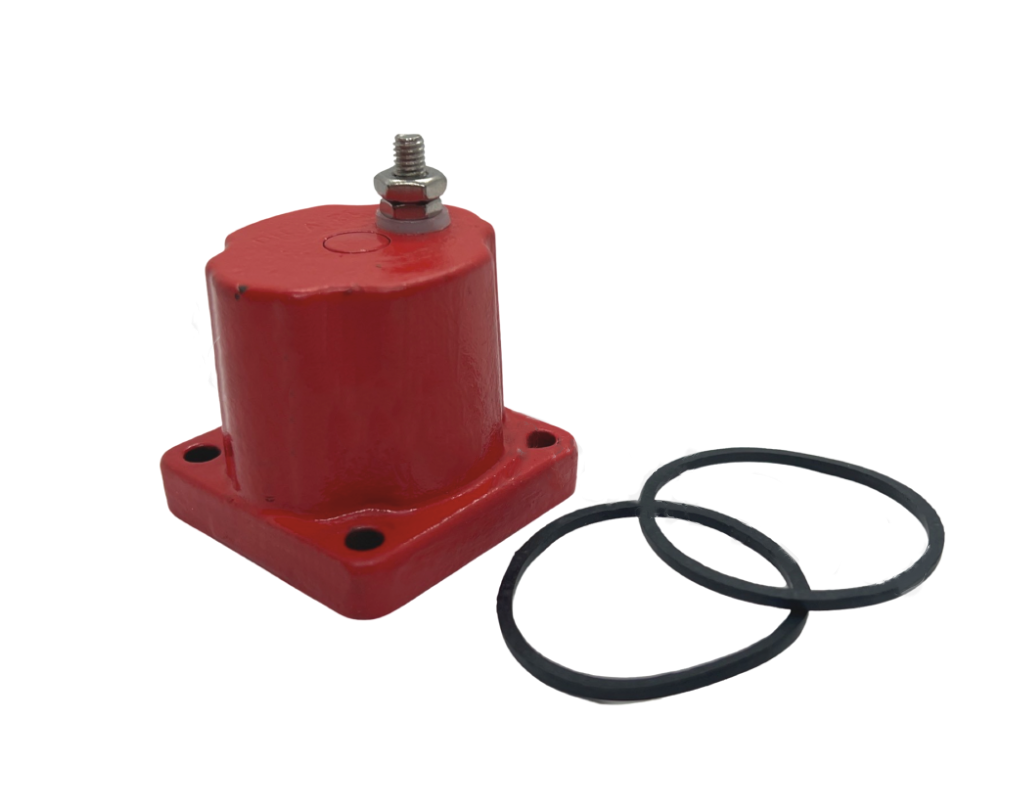 Advance Truck Parts USA 3054608 12V red fuel stop shut-off solenoid valve for Cummins engines featuring 4-bolt square mounting flange, single stud terminal, and two rubber O-ring seals
