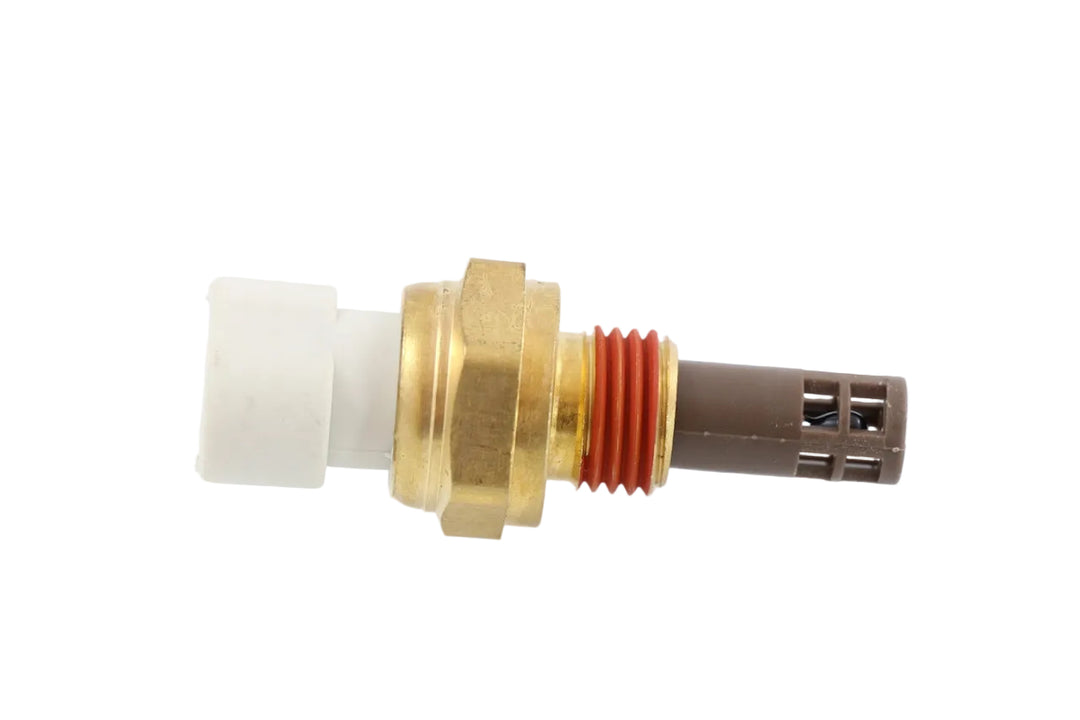 Advance Truck Parts USA 3085185 Cummins engine air temperature sensor showing a clean studio view of the brass threaded fitting, red O-ring seal, and brown slotted probe tip 