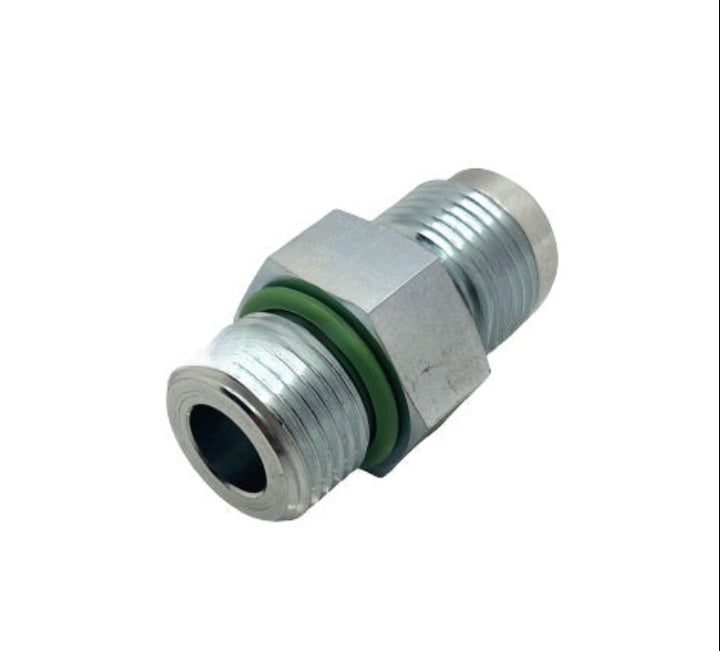 ATP 3348332 Cummins fuel check valve showing a clean studio view of the threaded metal fitting, hex nut, and green O-ring seal on a plain white background