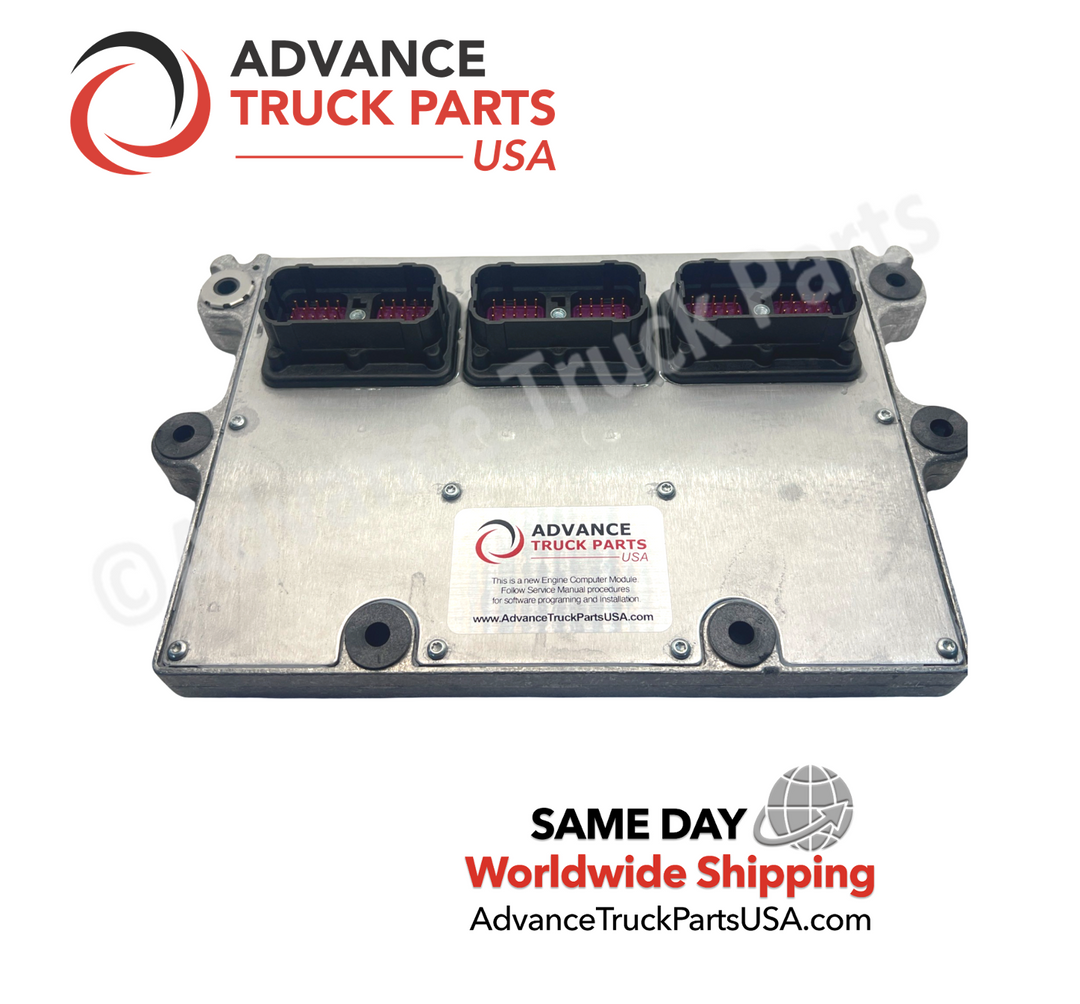 Advance Truck Parts USA 3408501 new genuine Cummins electronic control module showing a top-down studio perspective of the aluminum housing and three electrical connector ports
