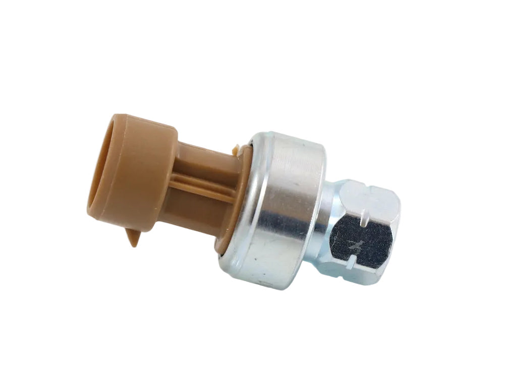 Advance Truck Parts USA 3546241C1 Navistar high pressure A/C switch showing a clean studio view of the metallic threaded port, aluminum body, and brown electrical connector on a plain white background