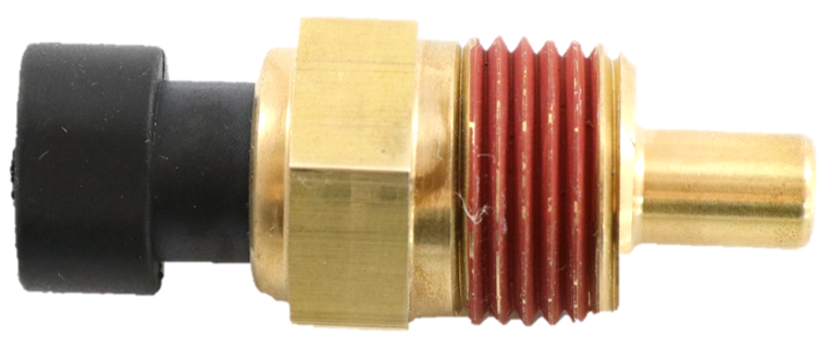 ATP 3613547 Cummins temperature sensor showing a clean studio view of the brass fitting, red thread sealant, and black plug connector on a plain white background