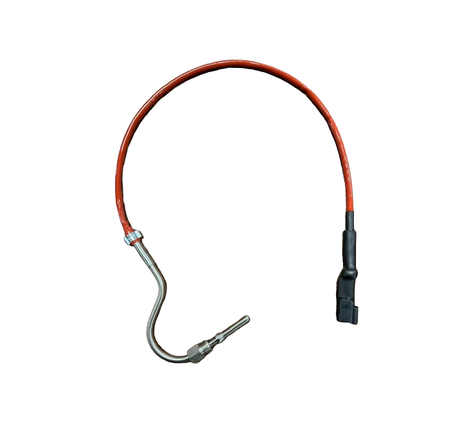 Advance Truck Parts USA 3642537 exhaust gas temperature sensor for QSK60 and QSK45 showing a clean studio view of the curved metal probe, orange insulated wire, and square connector on a plain white background